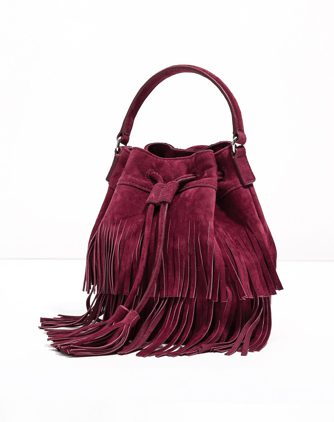 16新款猪皮流苏水桶包小手提包枣红色