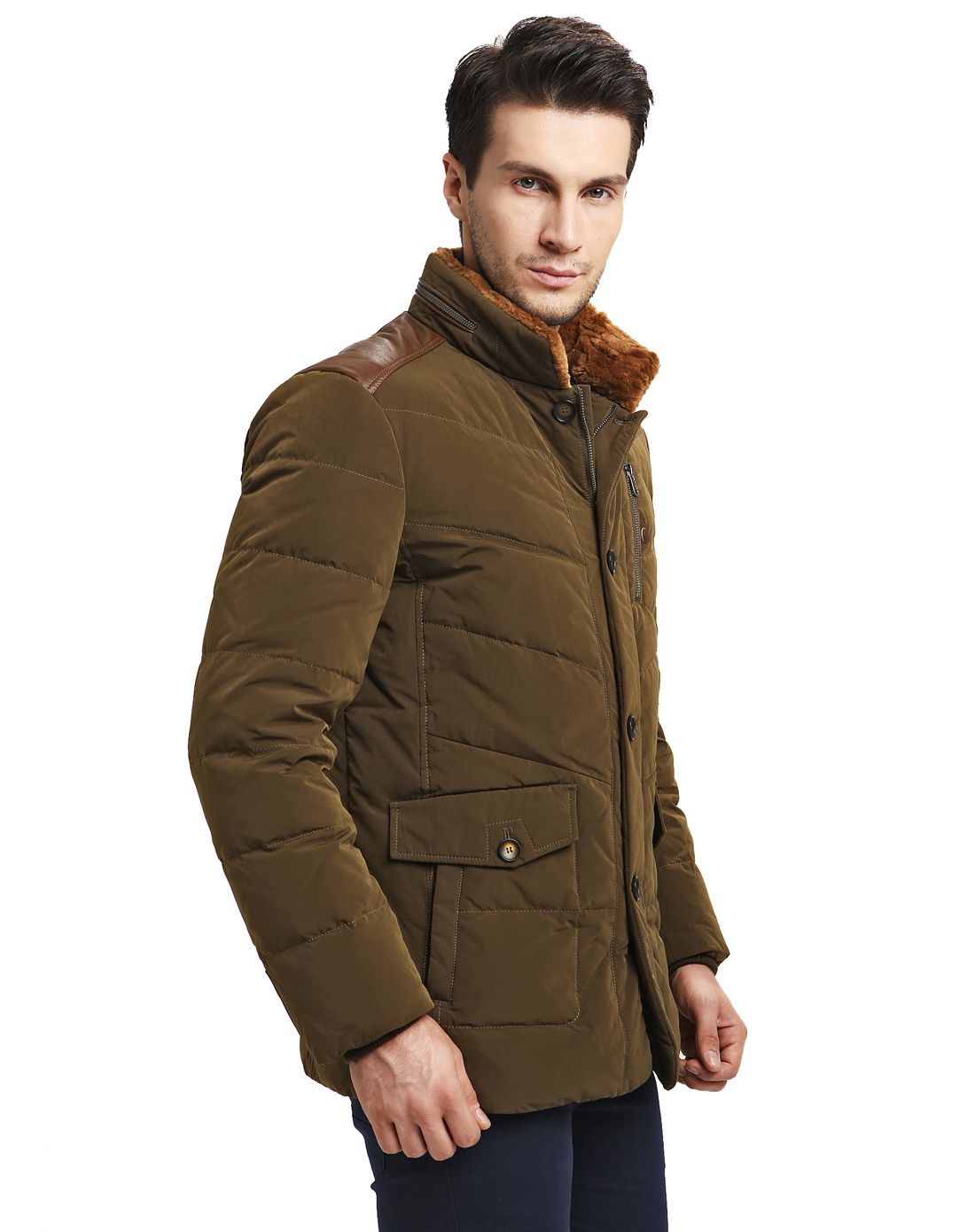 男式咸菜色男肩部相拼短款羽绒服咸菜色