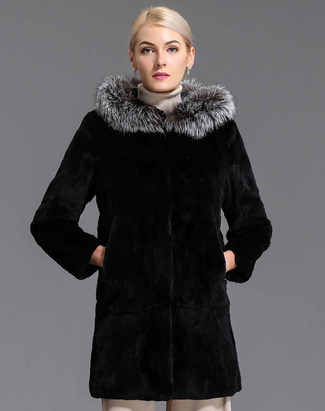 连帽狐狸毛领獭兔毛中长款皮草军绿