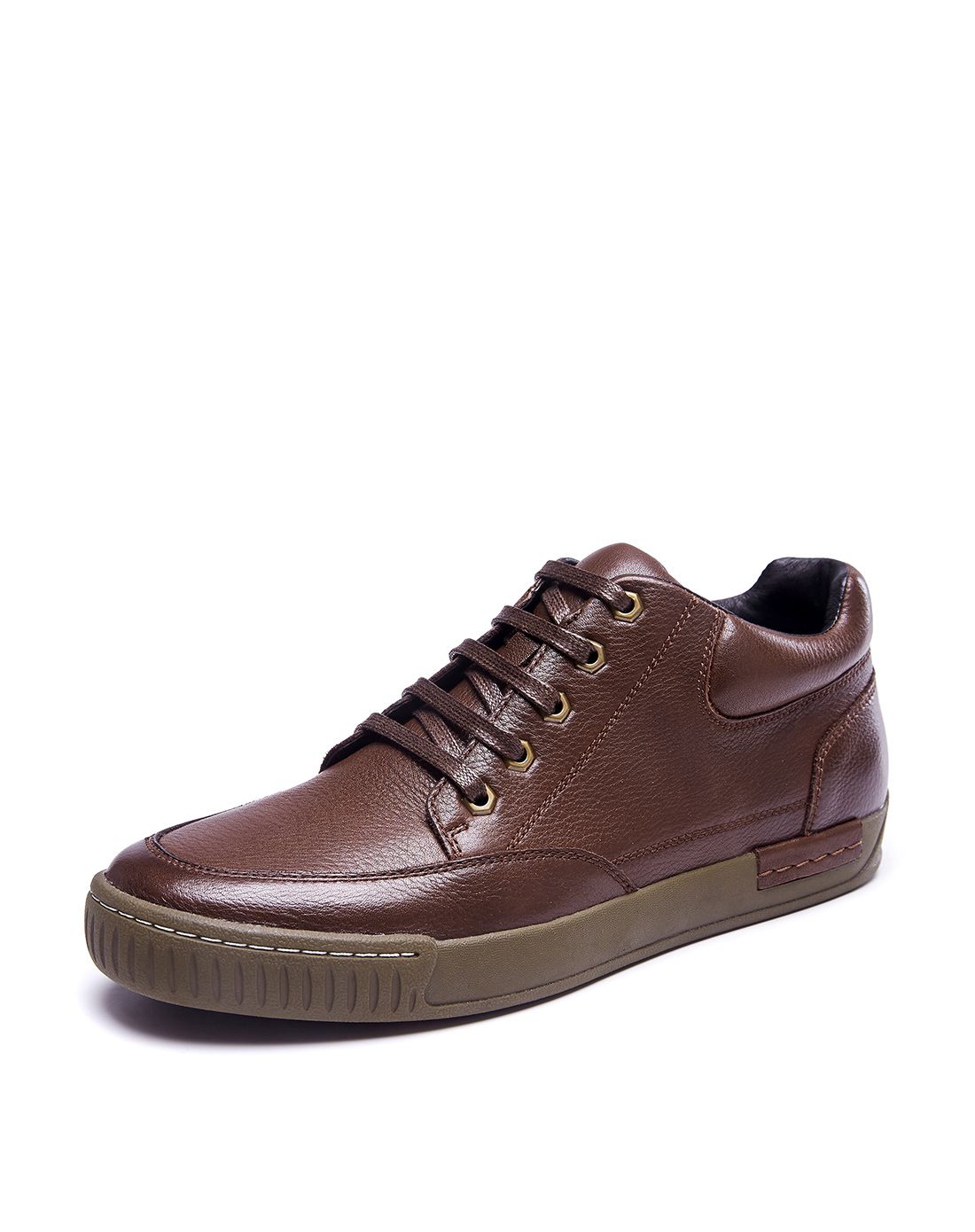 男款头层牛皮潮流舒适高帮休闲鞋棕色