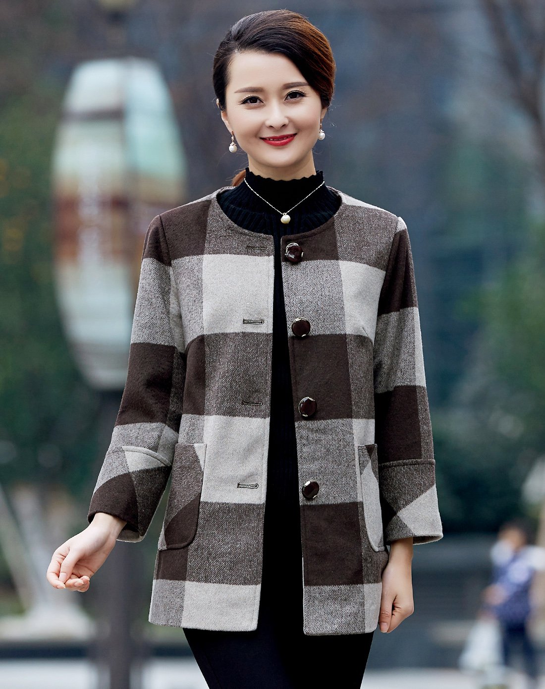 中老年妈妈装女装冬格子圆领外套