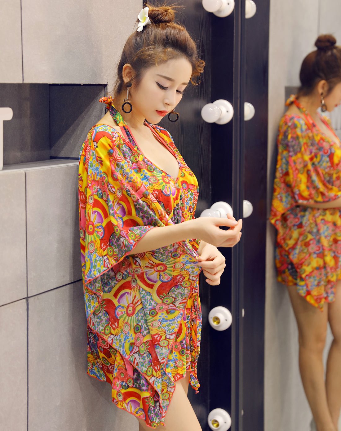 复古印花 女士温泉比基尼三件套 钢托聚拢