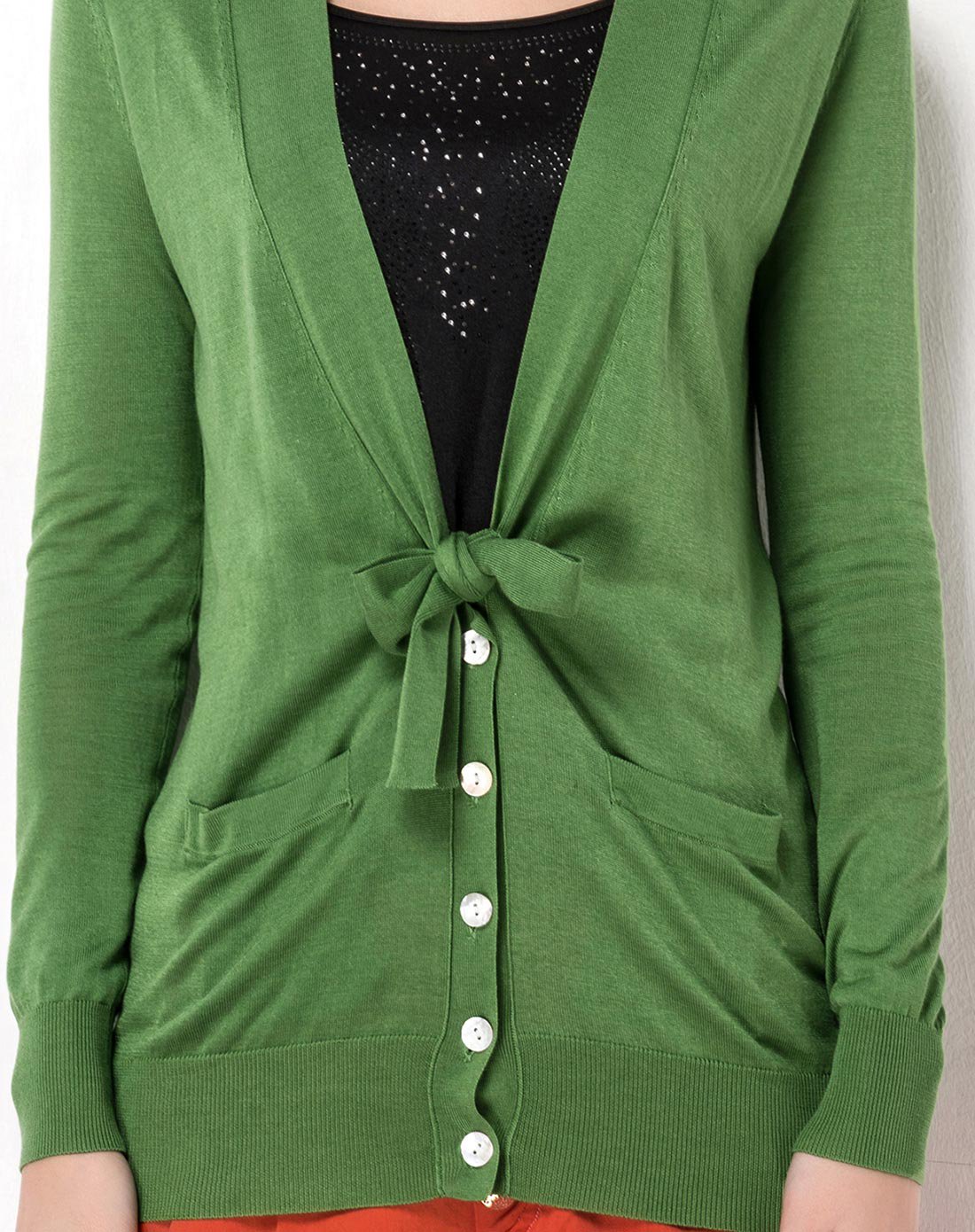 纯色系带v领针织上衣军绿色