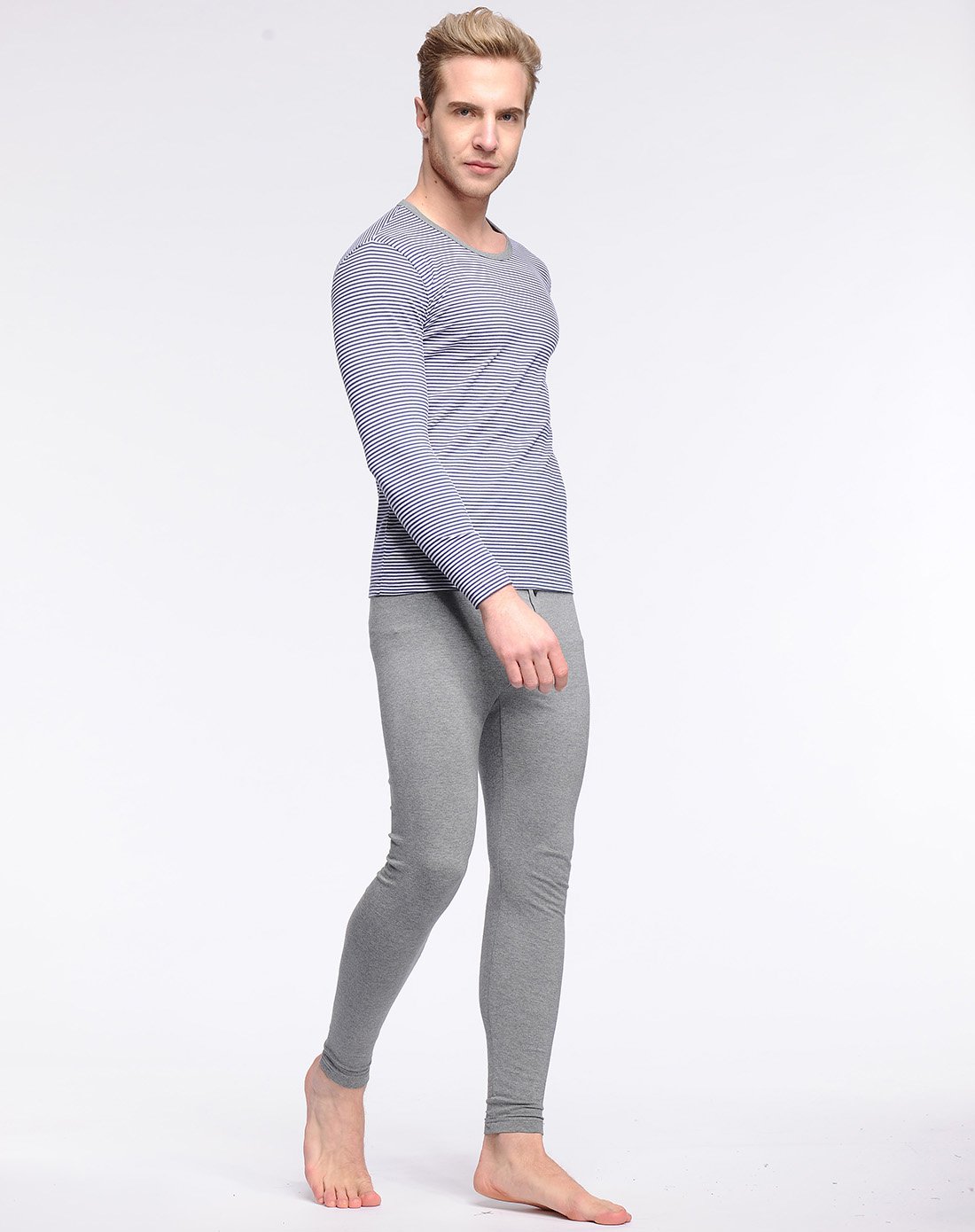 男款保暖内衣套装粉蓝条