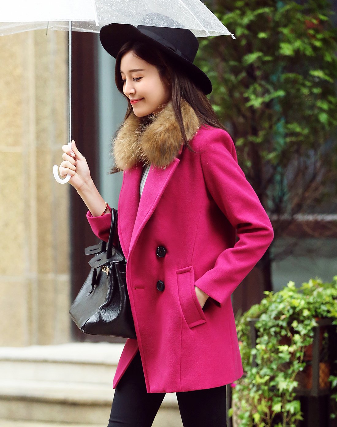 修身中长款呢大衣(不送毛领)玫红色