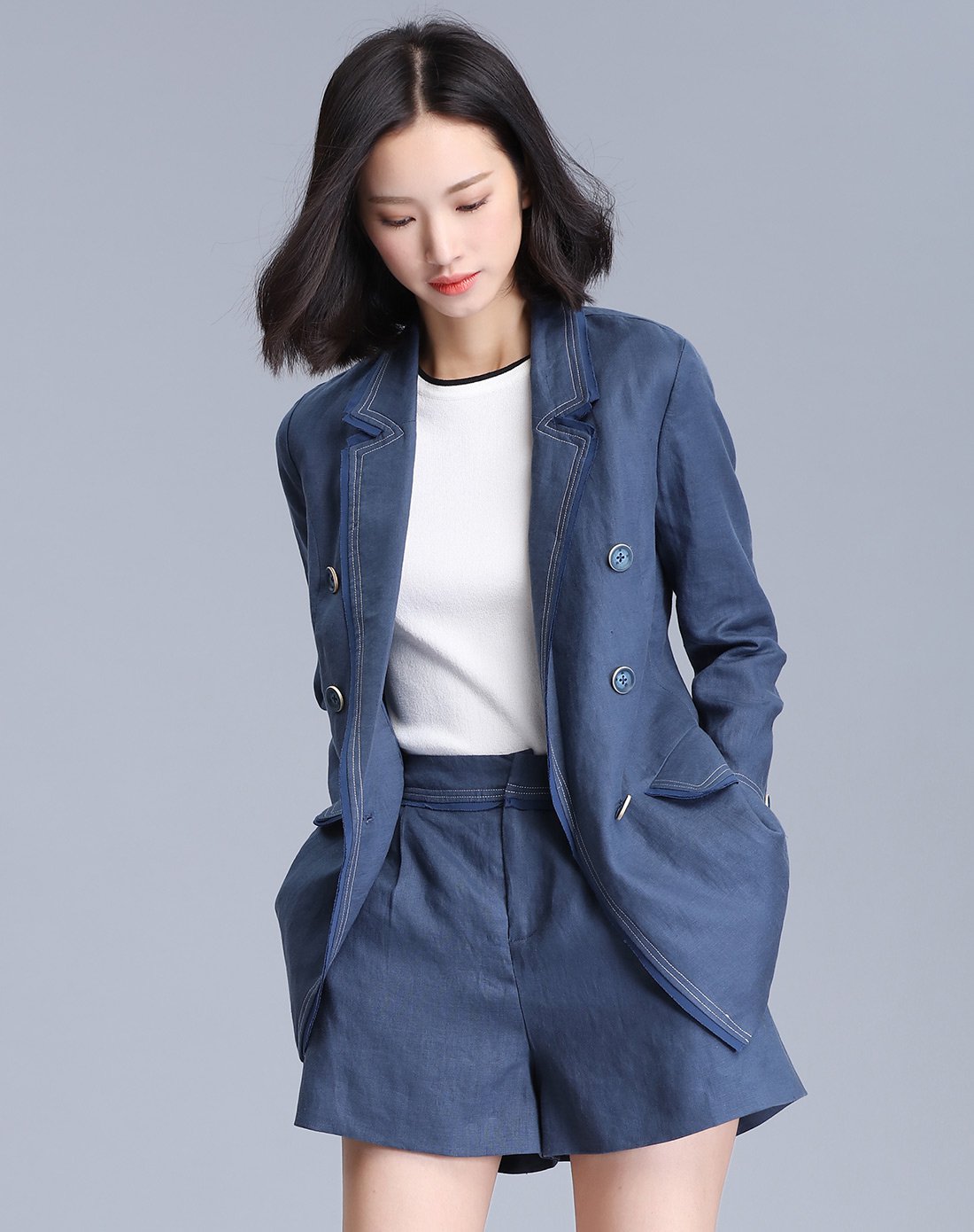 时尚休闲短外套 短裤两件套套装深灰兰色