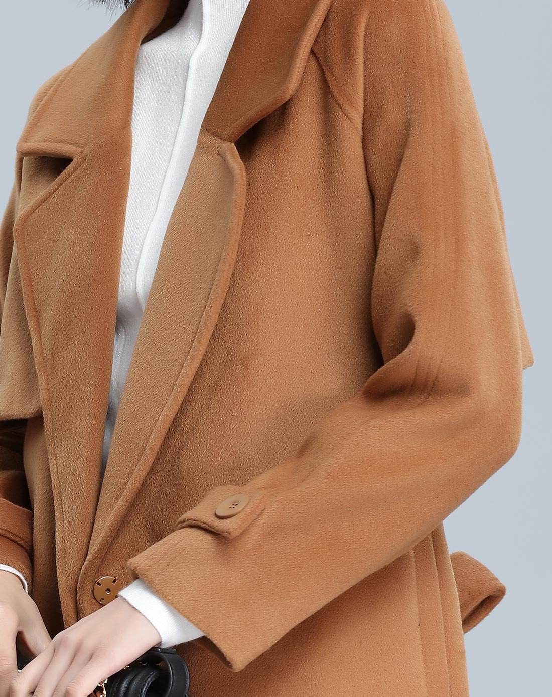 简约大方翻领长款呢外套金驼色