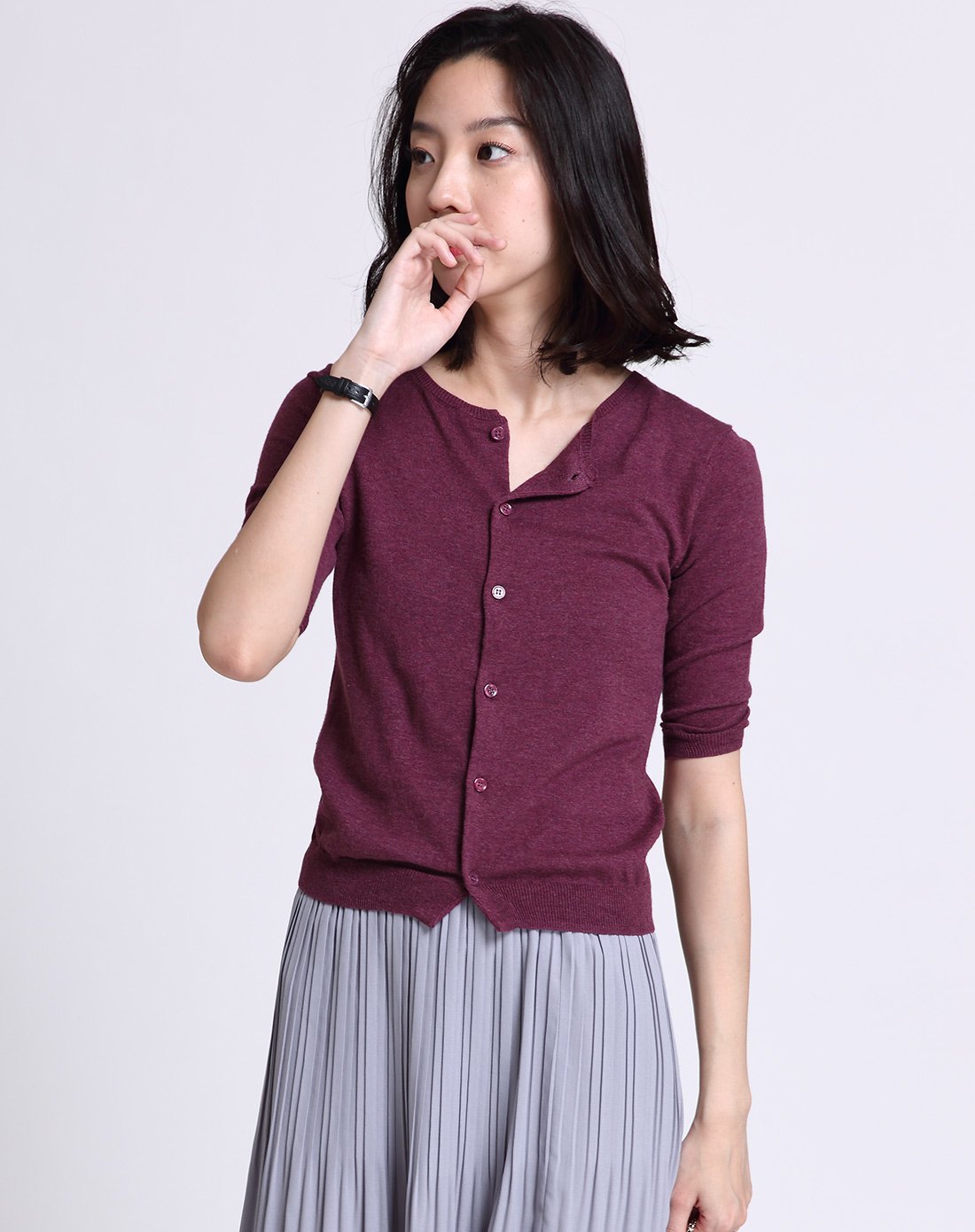 圆领七分袖针织开衫葡萄紫