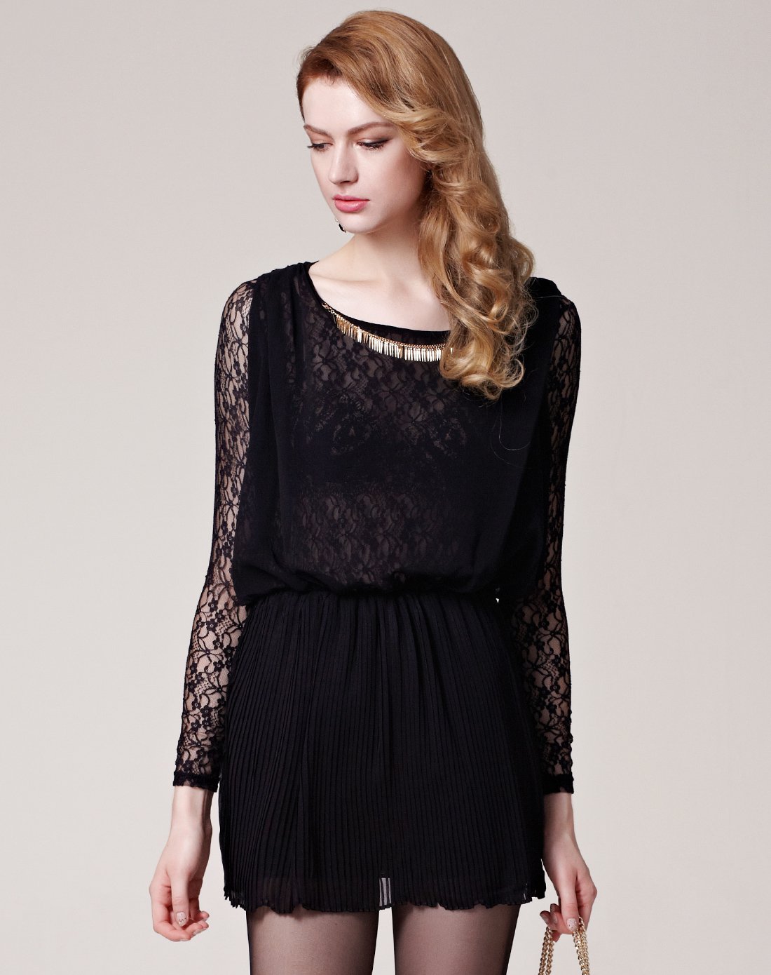 浪漫碎花蕾丝压褶裙摆雪纺连衣裙