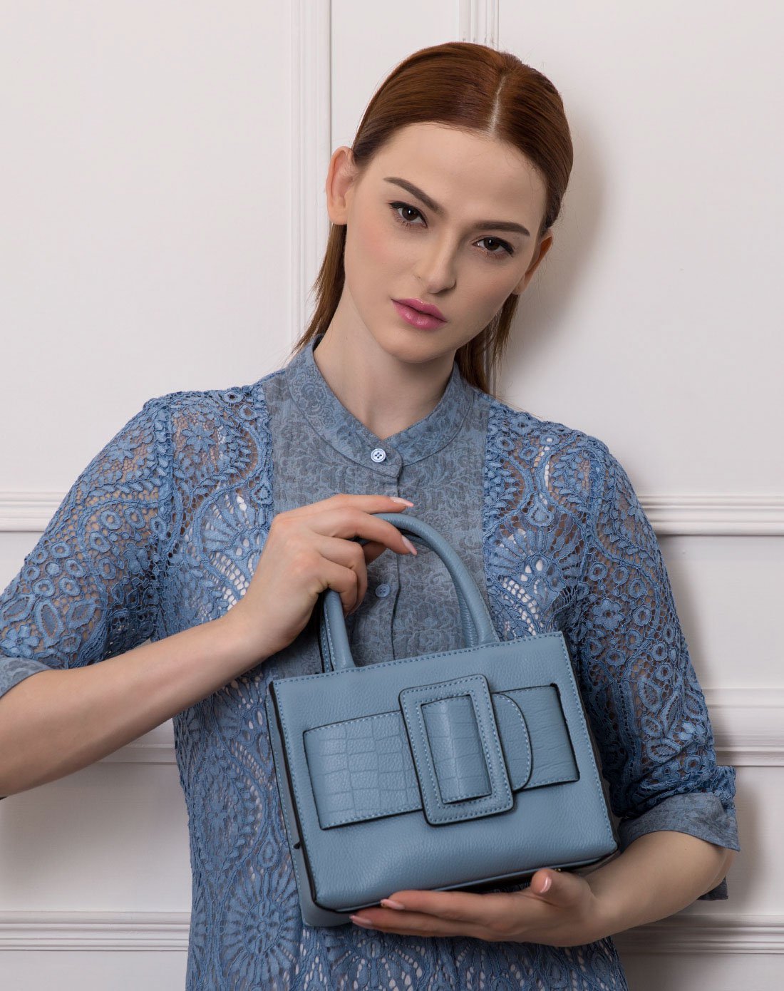 清仓特卖时尚牛皮革手提包亚麻蓝