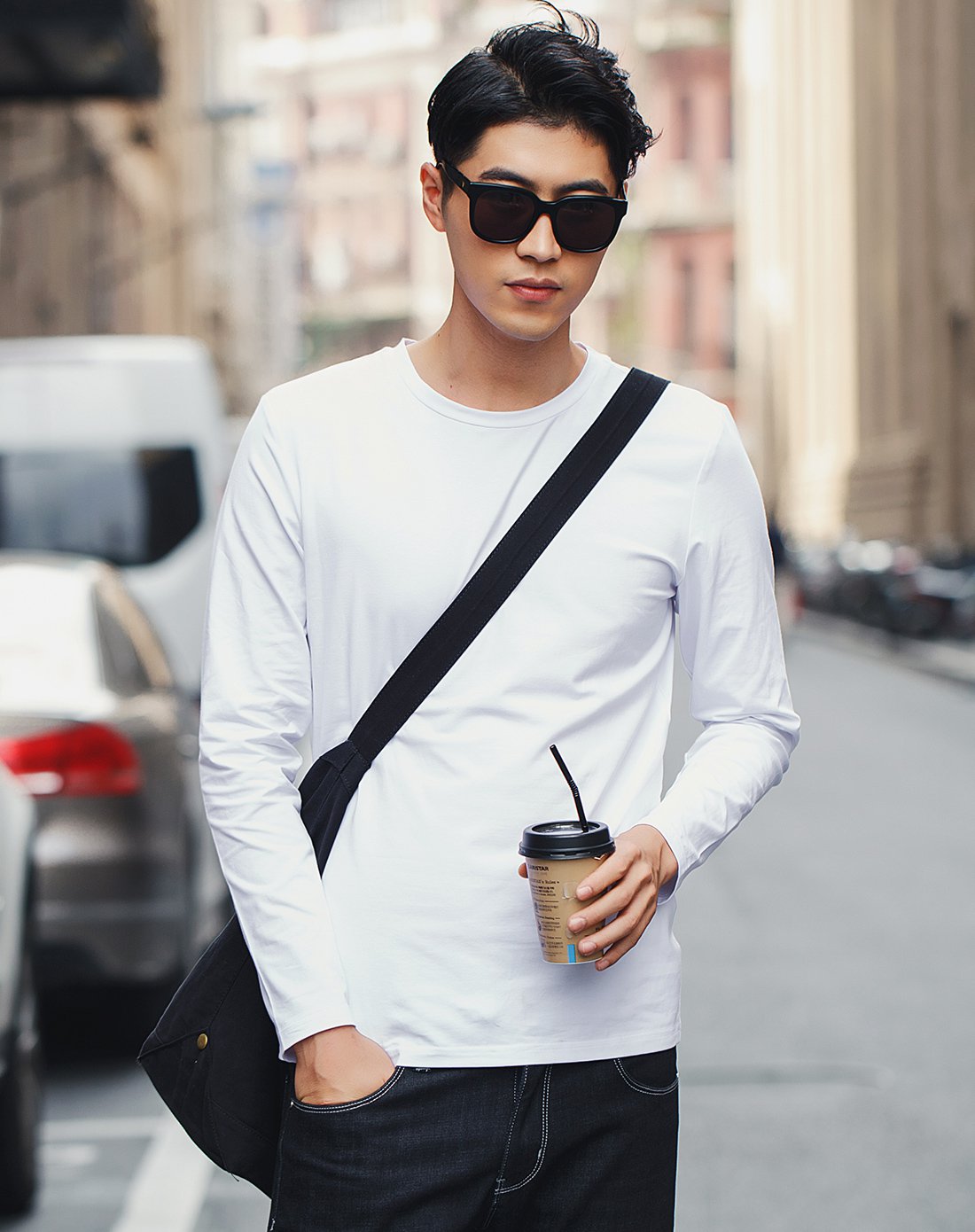 微弹经典圆领简约休闲基础百搭男士长袖t恤灰色