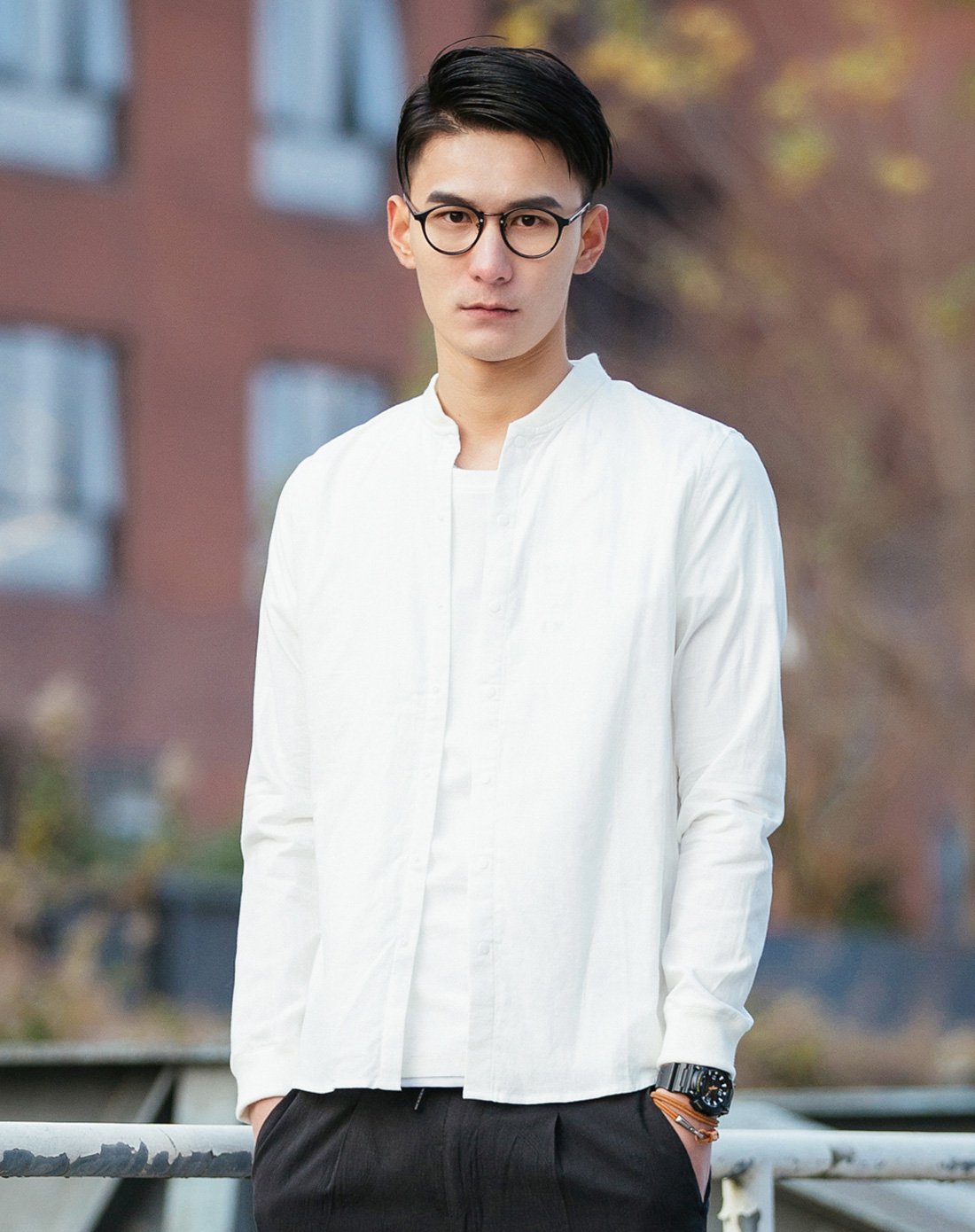 纯棉时尚棒球领休闲长袖衬衫黑色