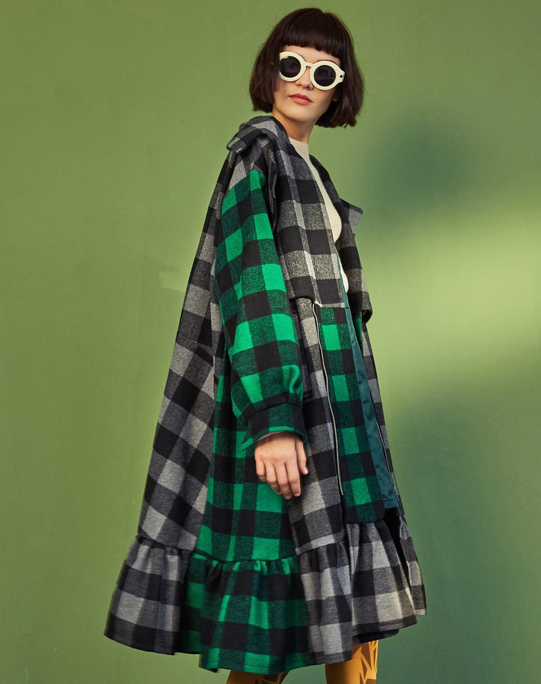 格子荷叶边长款毛呢大衣绿色