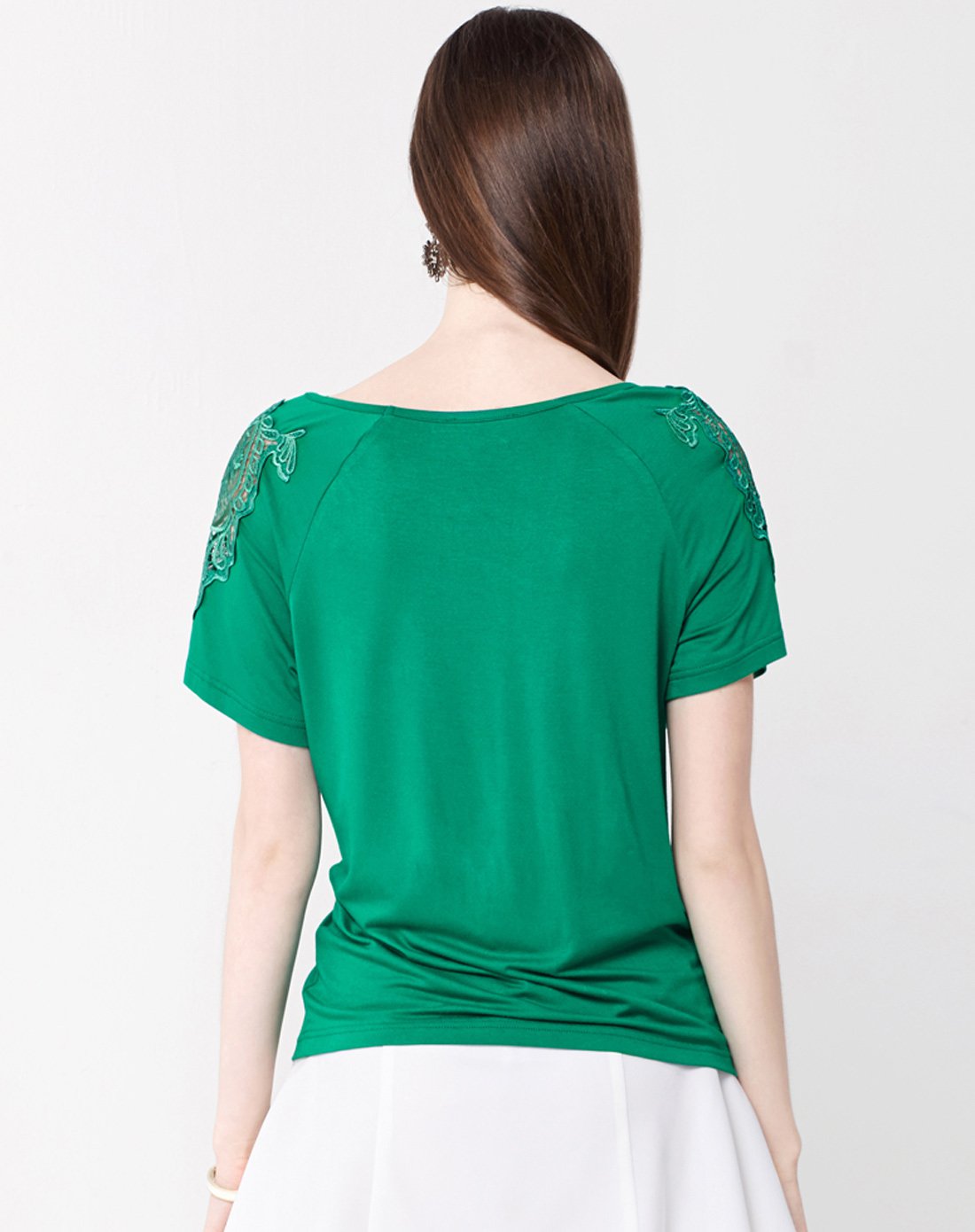 立体缕空花朵拼针织亲肤百搭连袖圆领t恤