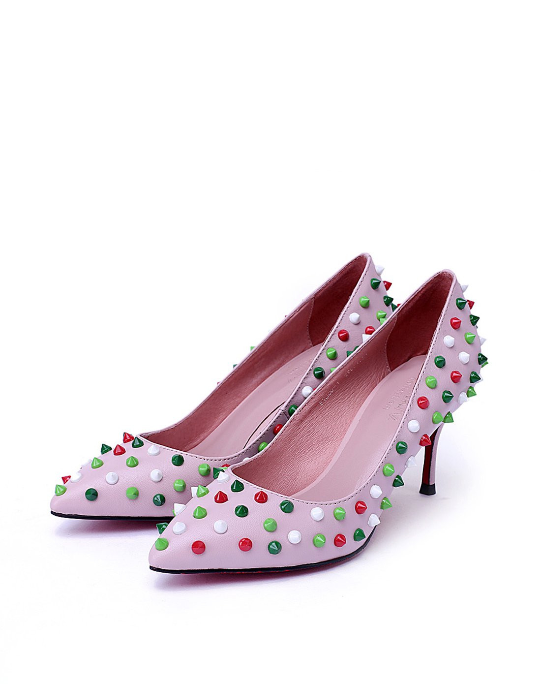 女士浅粉色rivet手工全铆钉进口小羊皮时装鞋