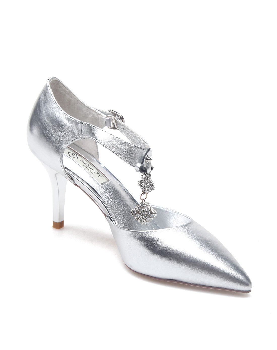 法国fashion tv collection女士鞋包专场银色复古金属皮搭扣单鞋ftv