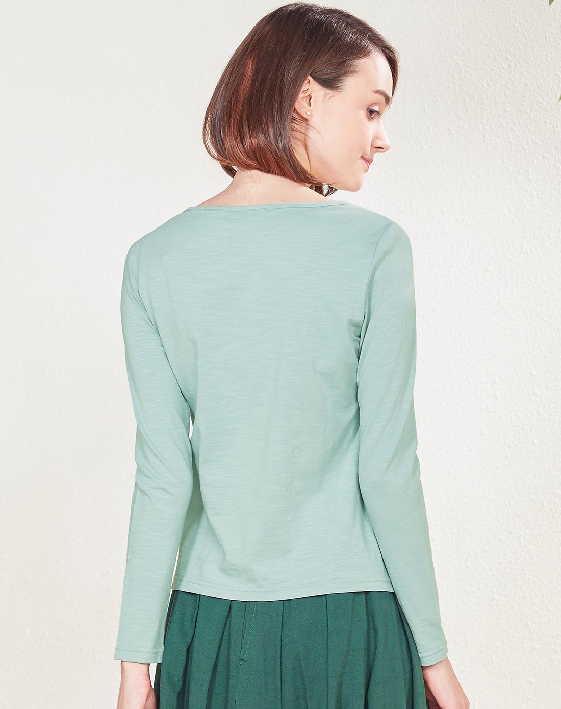 圆领印花不对称长袖t恤浅青绿