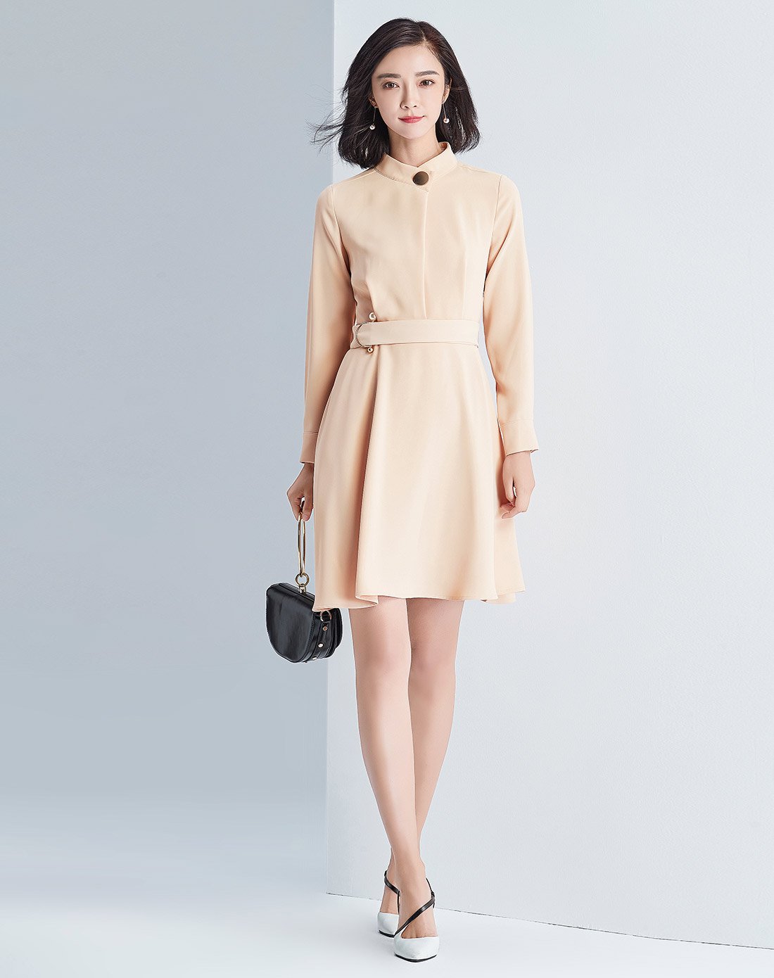 立领修身雪纺长袖连衣裙米杏色