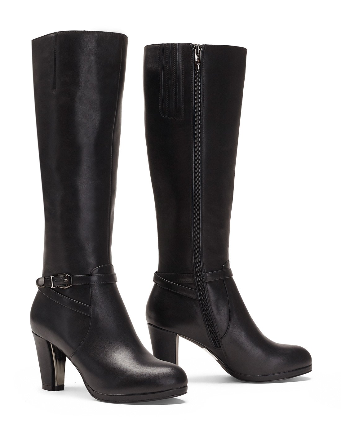 哈森女款黑色牛皮革高统靴