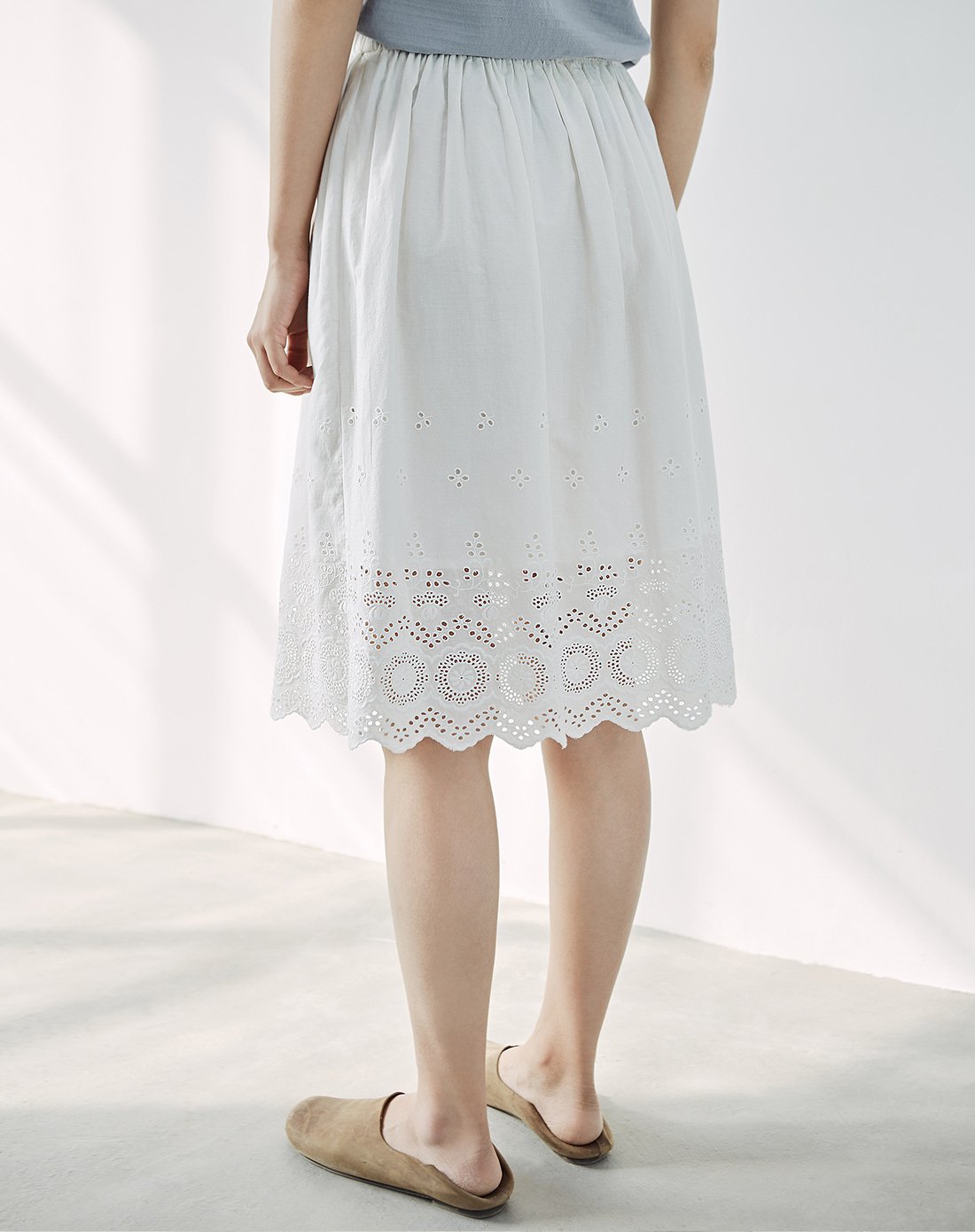 棉素系列文艺范镂空花边下摆纯棉半身裙夏小清新中裙珍珠白