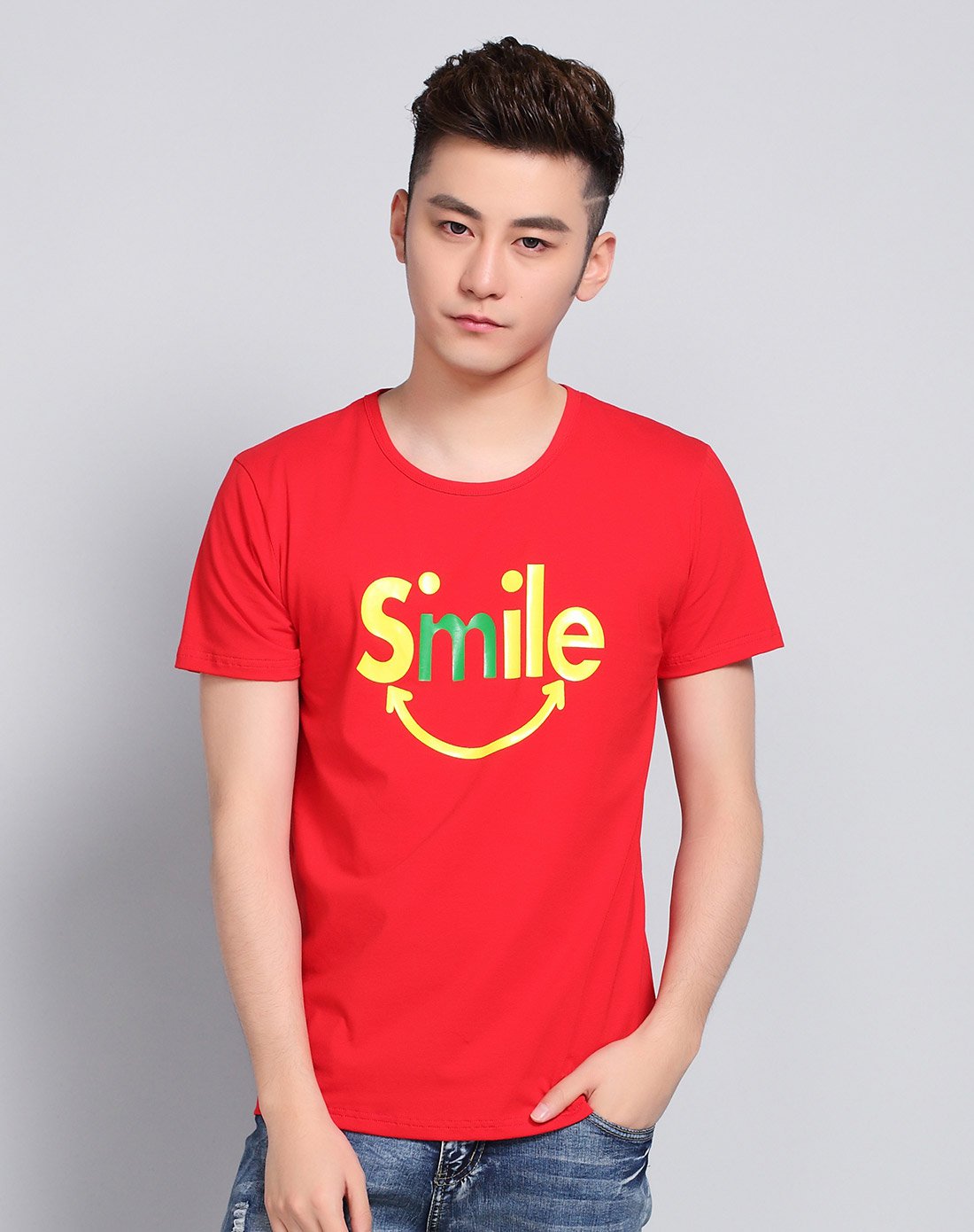 男款时尚印花t恤(smile)麻灰