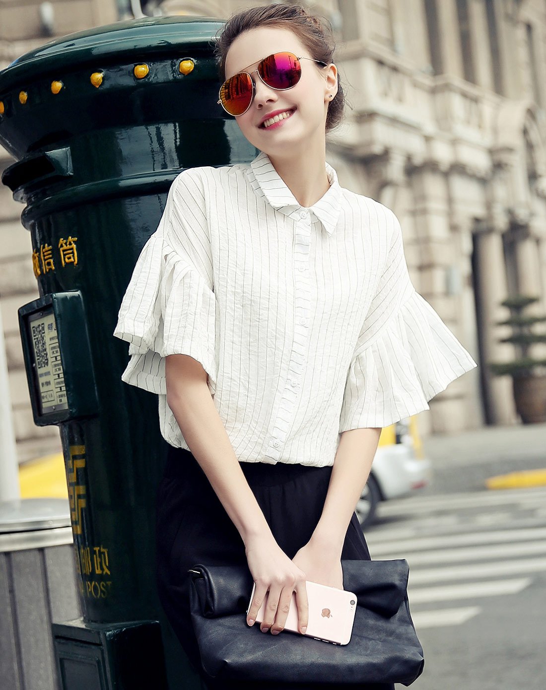 女式荷叶边袖子格衬衫