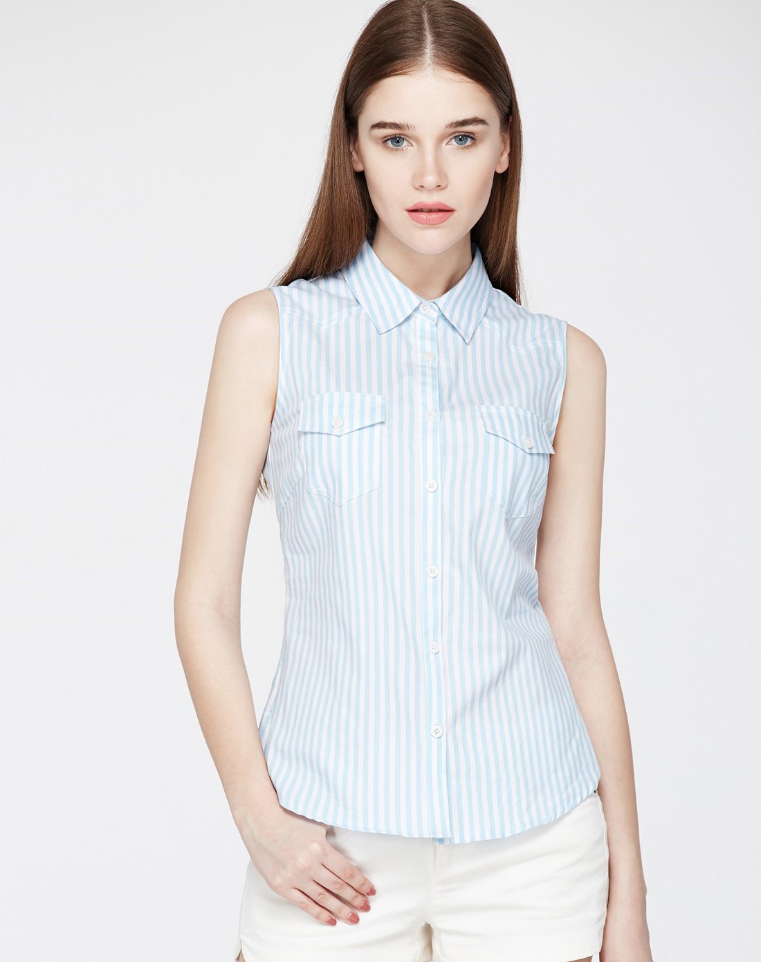 修身舒适梭织无袖翻领竖条纹背心衬衫浅蓝条