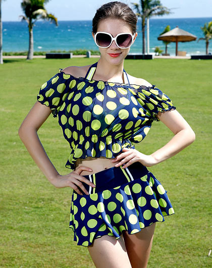 运动波点 女款比基尼四件套泳衣桔波点