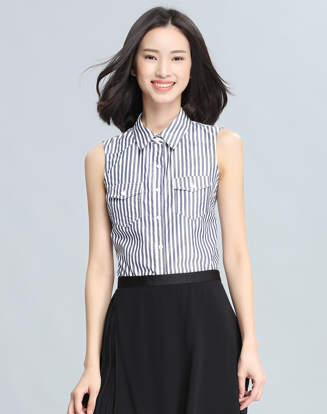 无袖条纹女式衬衫蓝白条纹
