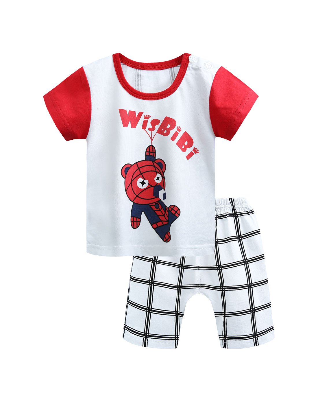 男宝方格开心熊单面短袖肩钮哈伦套