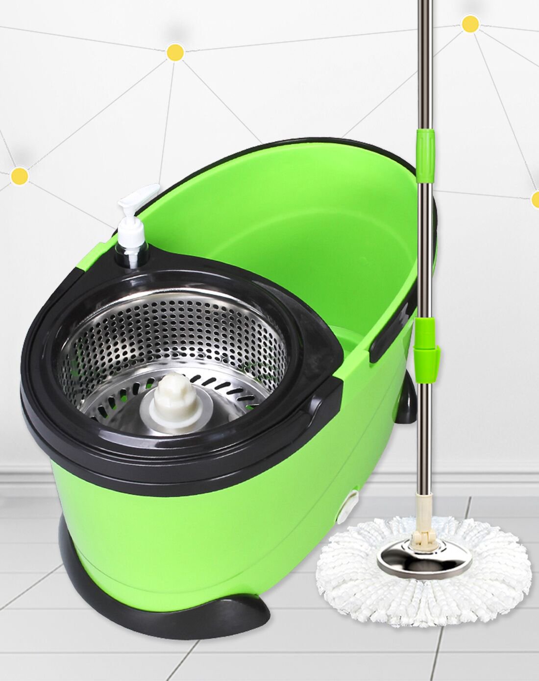 绿色加粗杆不锈钢盘共4拖头旋转拖把