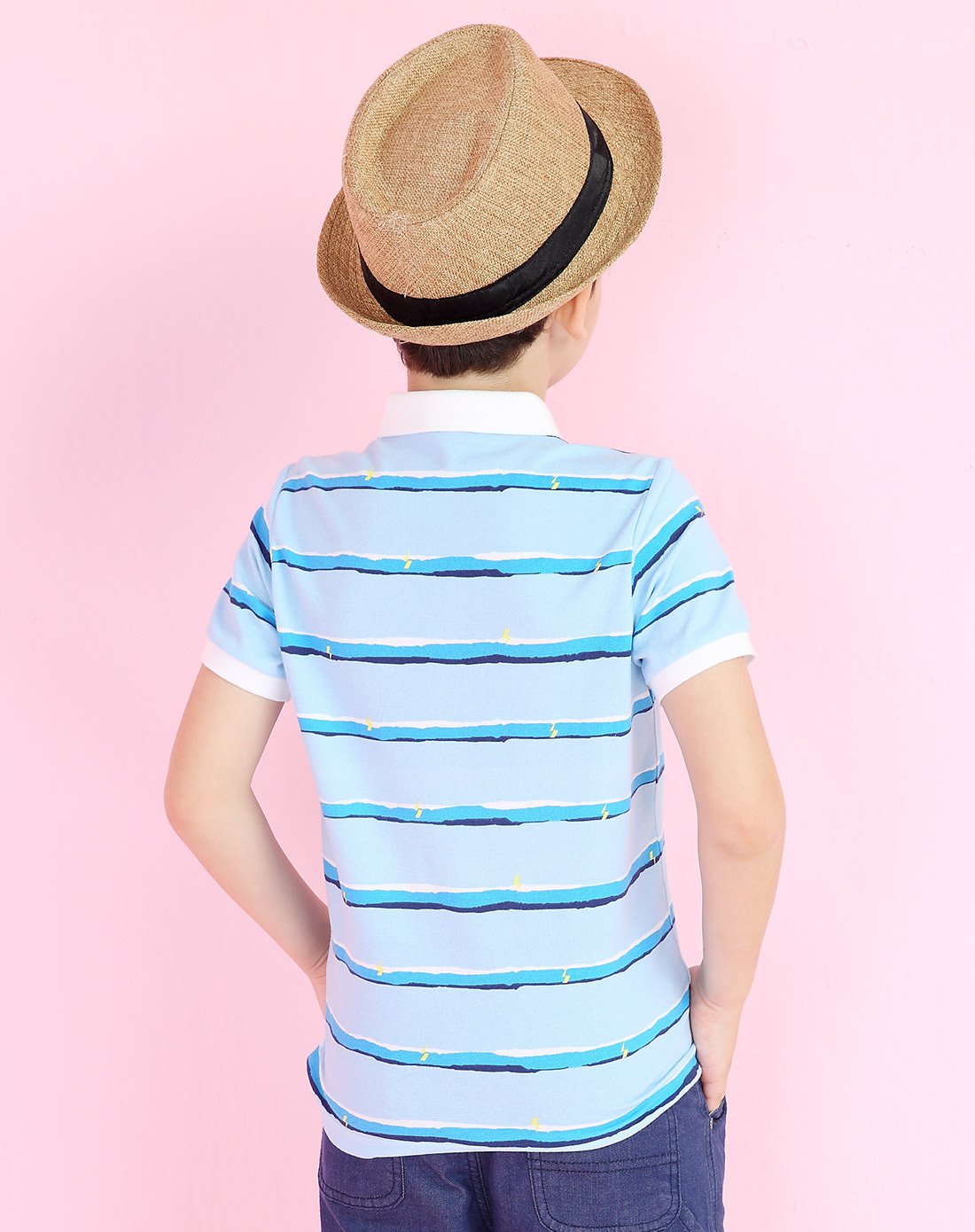 安奈儿annil男童装专场 男童翻领短袖针织衫蓝蓝条 商