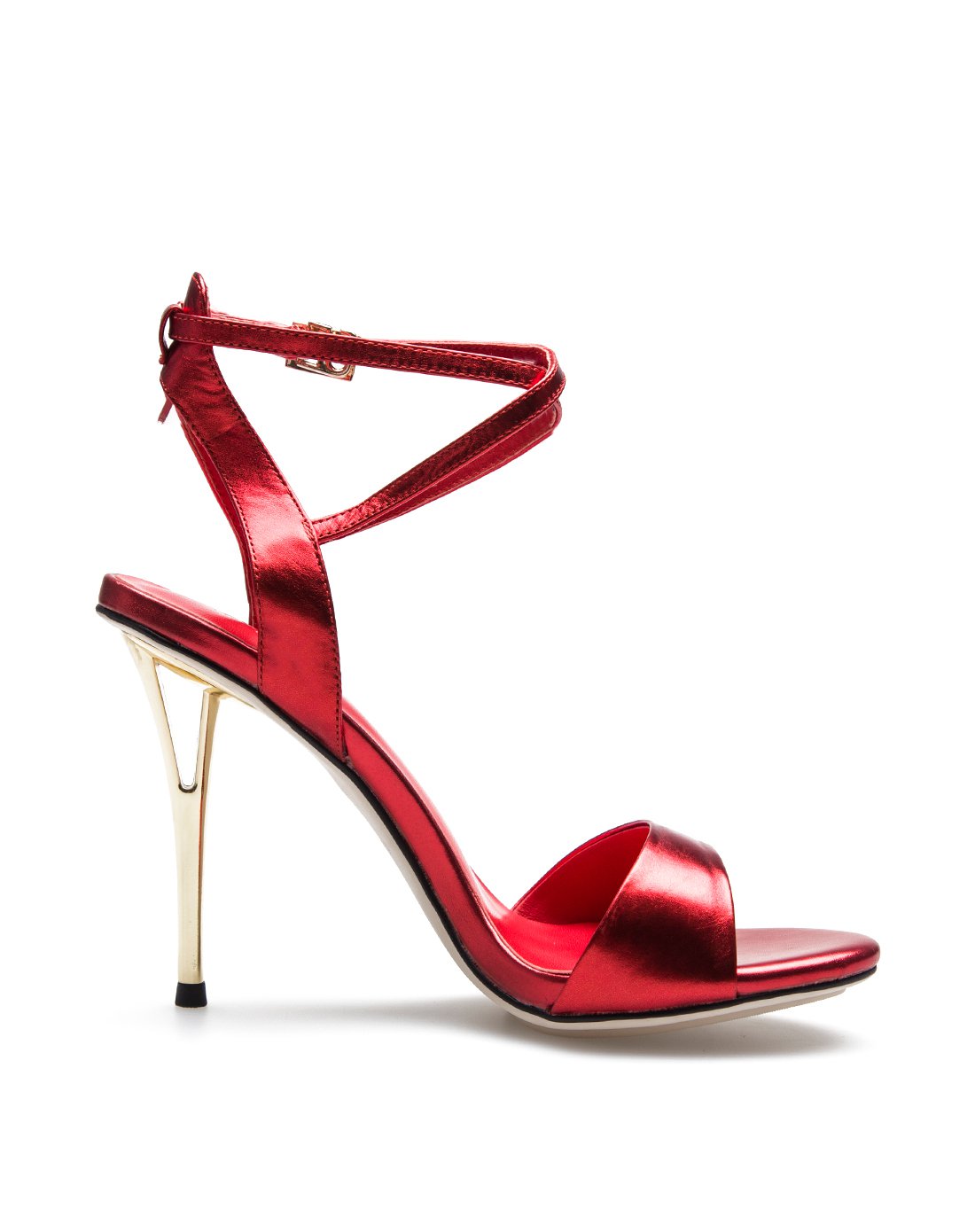 包专场红色交叉绑带金属牛皮专制铜细高跟凉鞋ftve191698-3014_唯品会