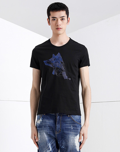 男士解构几何狼头图案刺绣纯棉短袖t恤