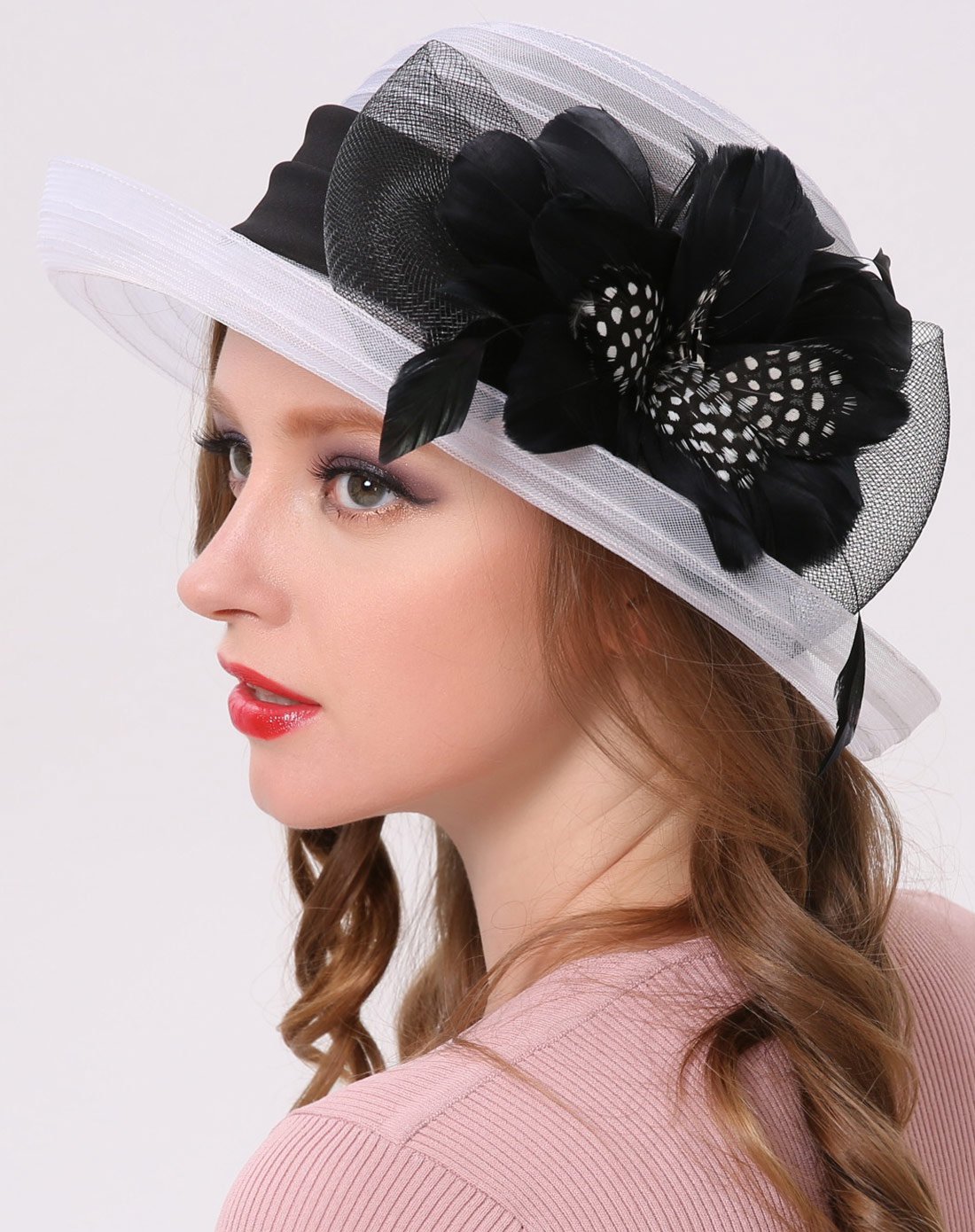 奢贵羽毛花饰网纱卷檐帽宝蓝