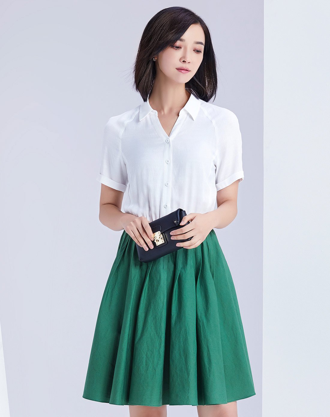 白配绿v领拼接撞色短袖衬衫连衣裙