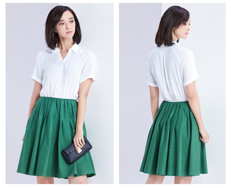 白配绿v领拼接撞色短袖衬衫连衣裙