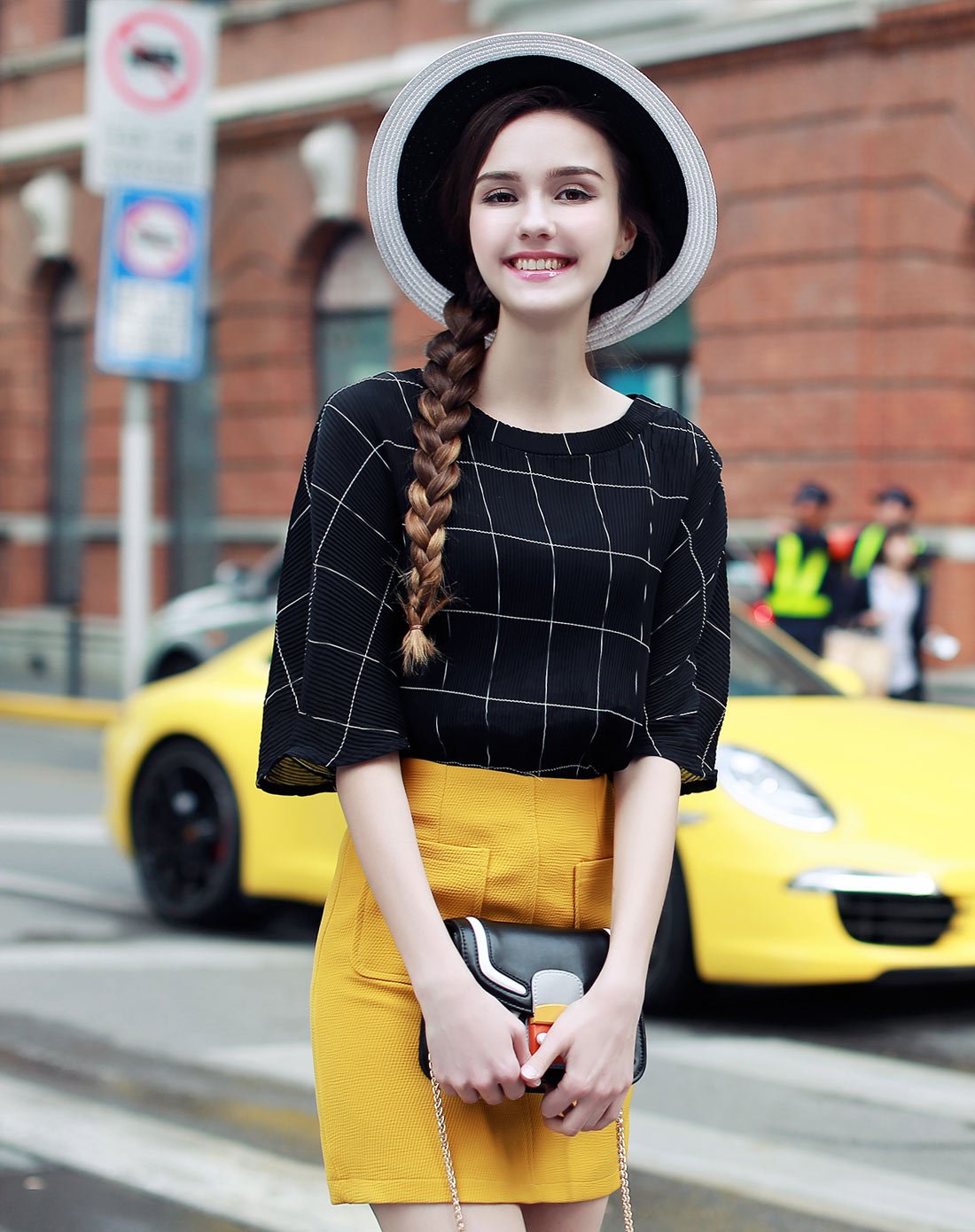 宽松格子中袖t恤女