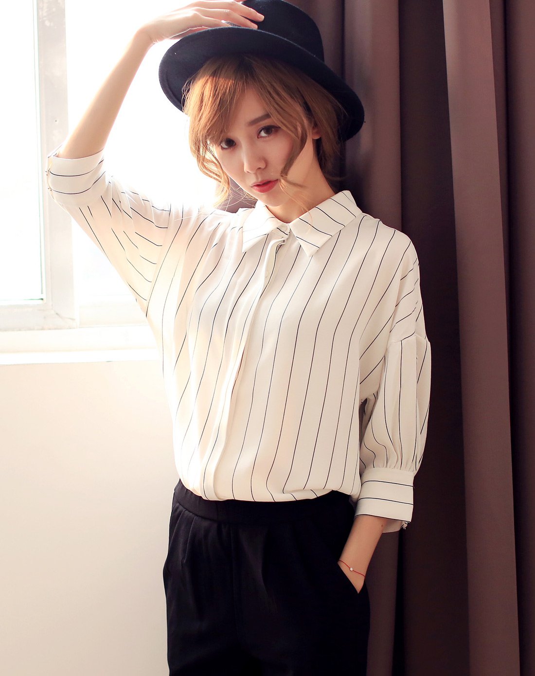 时尚条纹蝙蝠袖韩版显瘦衬衫白色