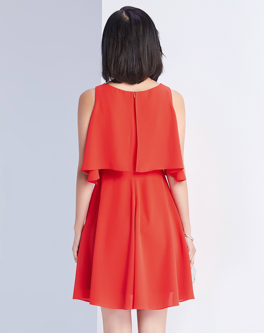 橘红色假两件无袖高腰气质荷叶边连衣裙