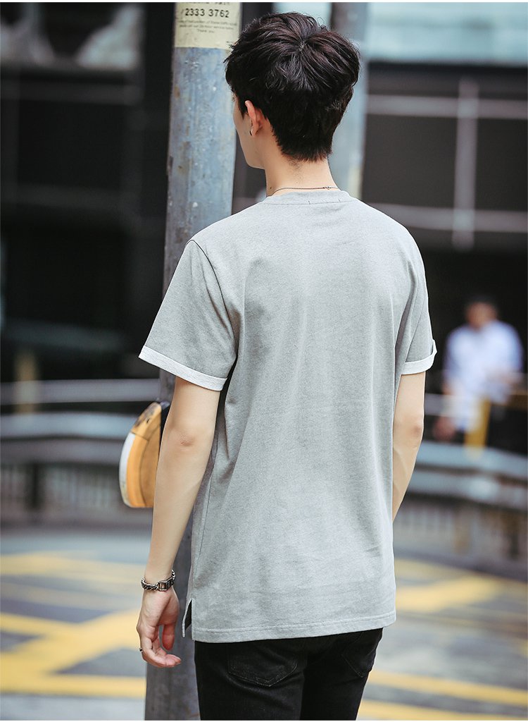 下摆两侧开叉纯色短袖t恤