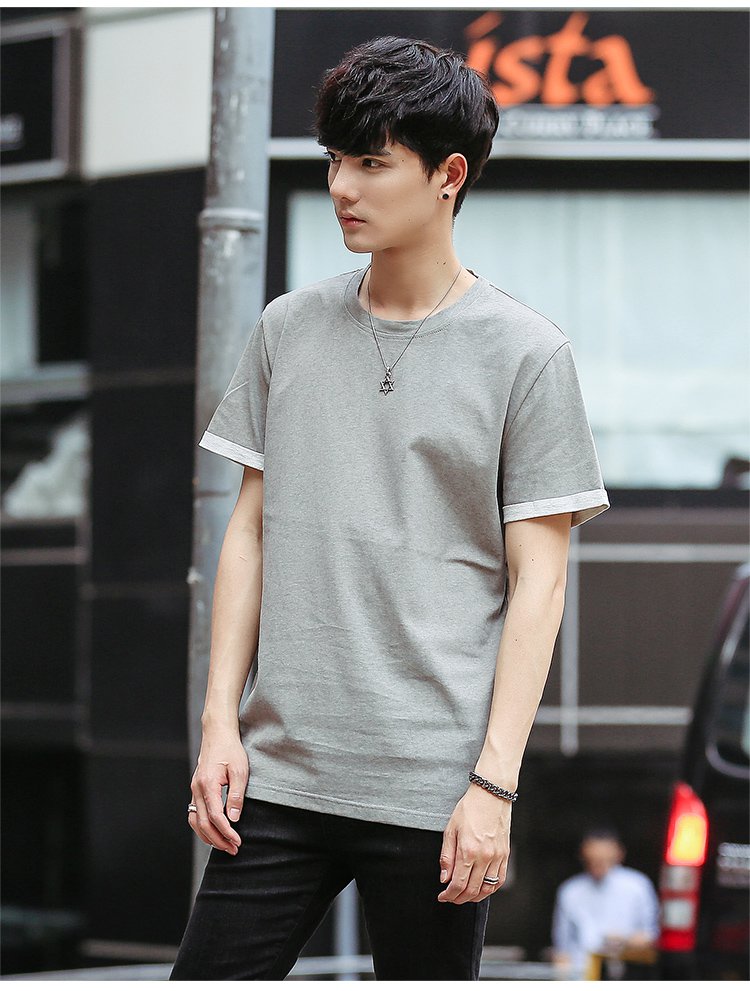 下摆两侧开叉纯色短袖t恤