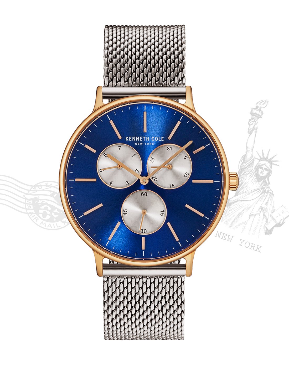 kenneth cole三眼男表 kc时尚潮流石英男表 多功能蓝盘手表