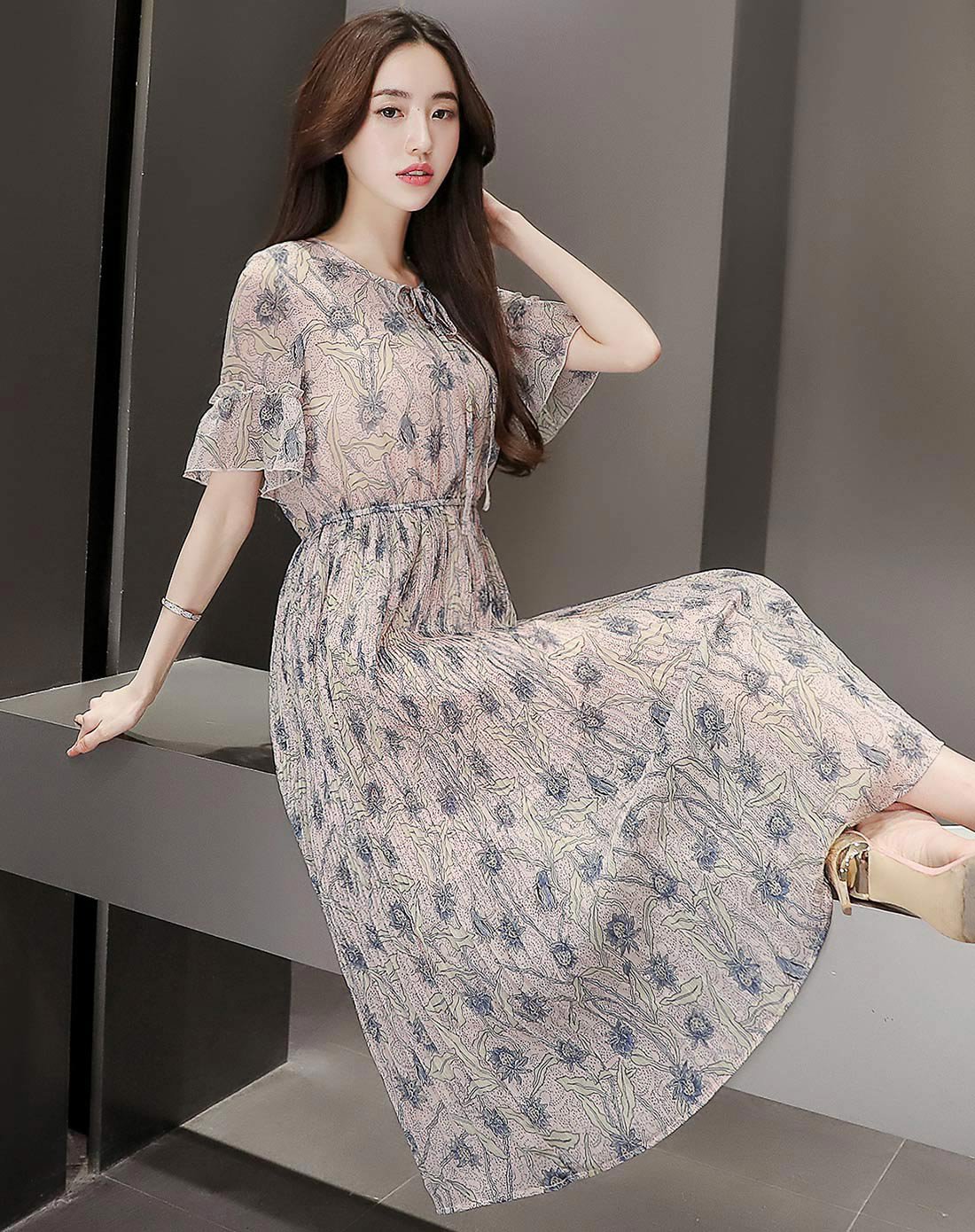 荷叶袖气质雪纺连衣裙