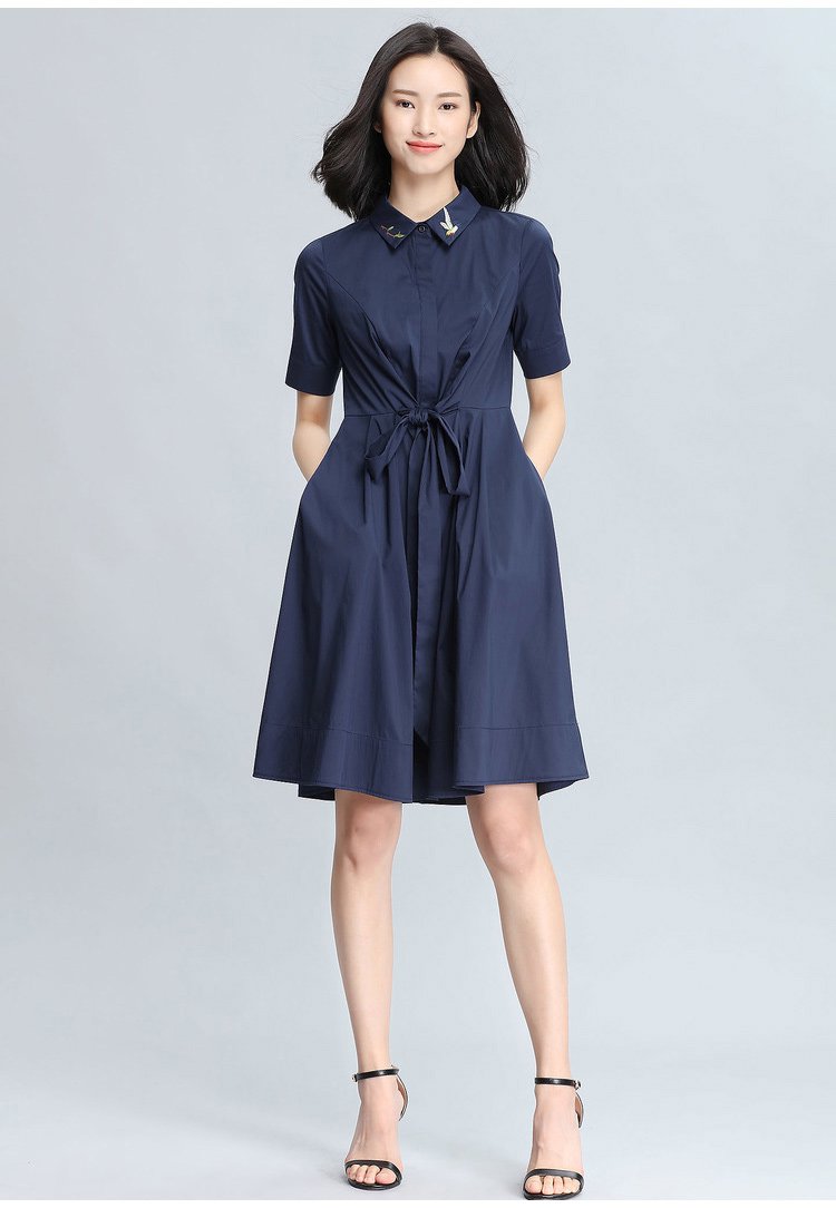 时尚大方领尖绣花连衣裙