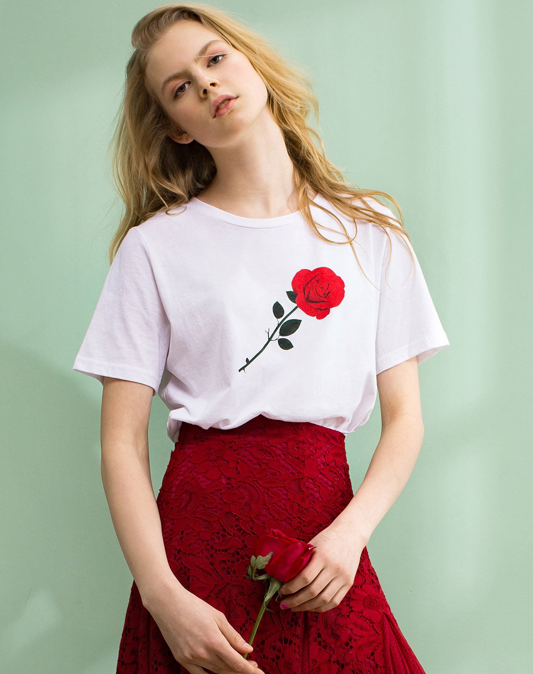 【夏装新品】印花玫瑰花短袖t恤白色