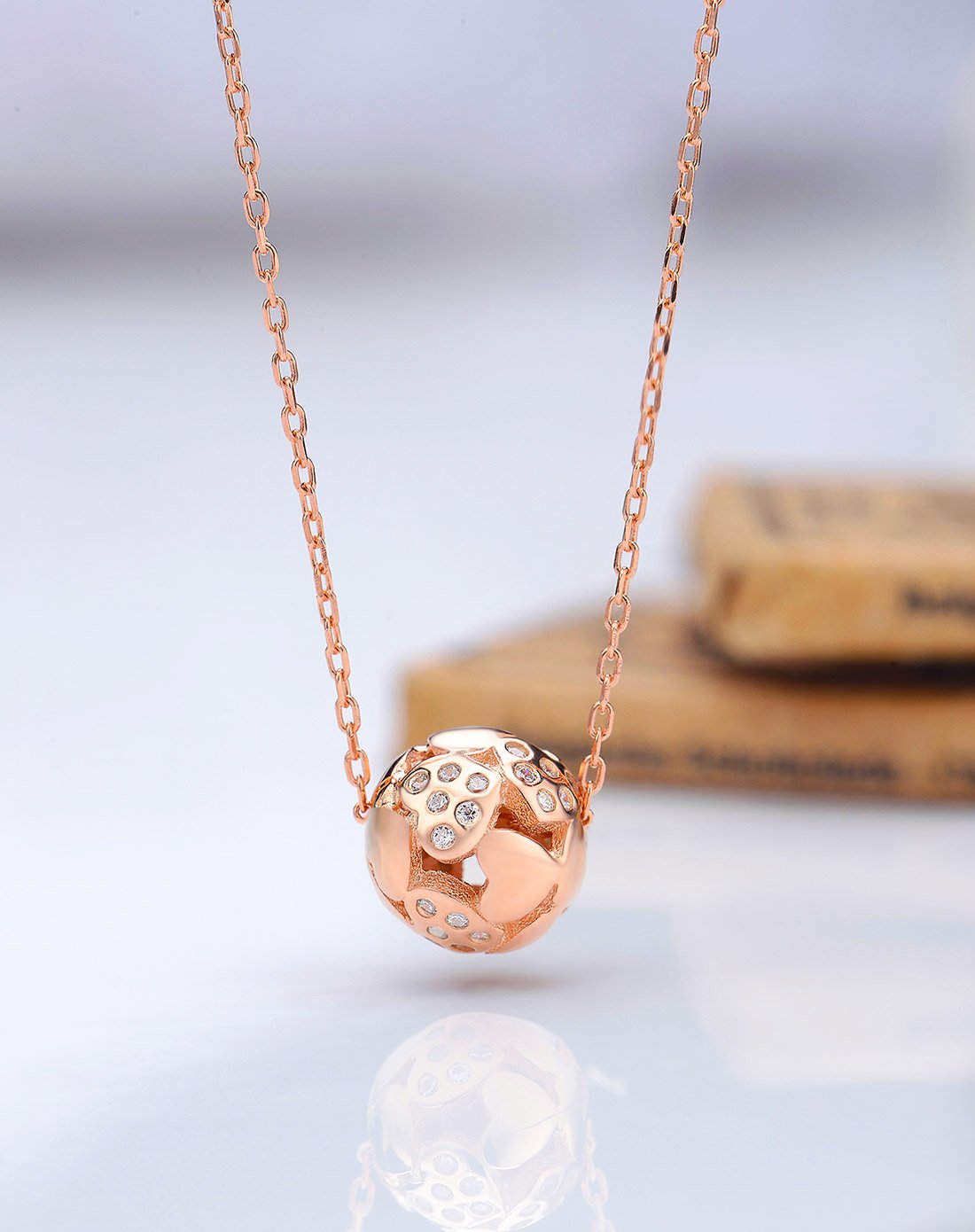 925银玫瑰金色爱心球项链