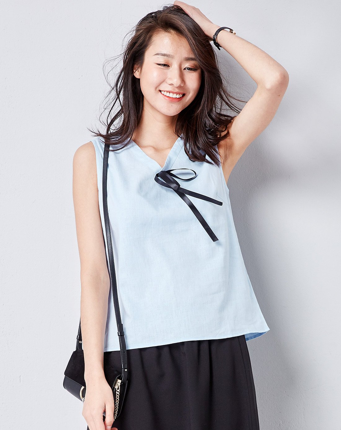 宽松粘麻v领蝴蝶结无袖背心白色