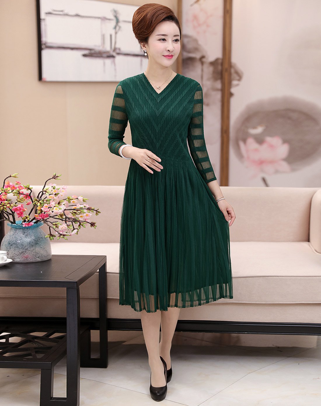 复古韵妈-台格女装专场 优雅v领半透袖百褶连衣裙酒红 运费 (订单满