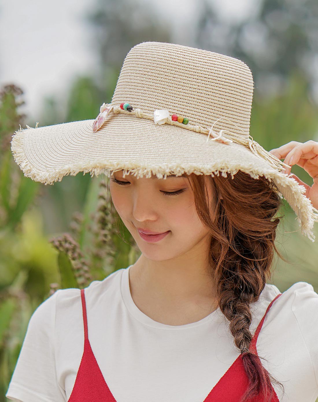 贝壳装饰百搭遮阳帽 出游沙滩帽蓝色